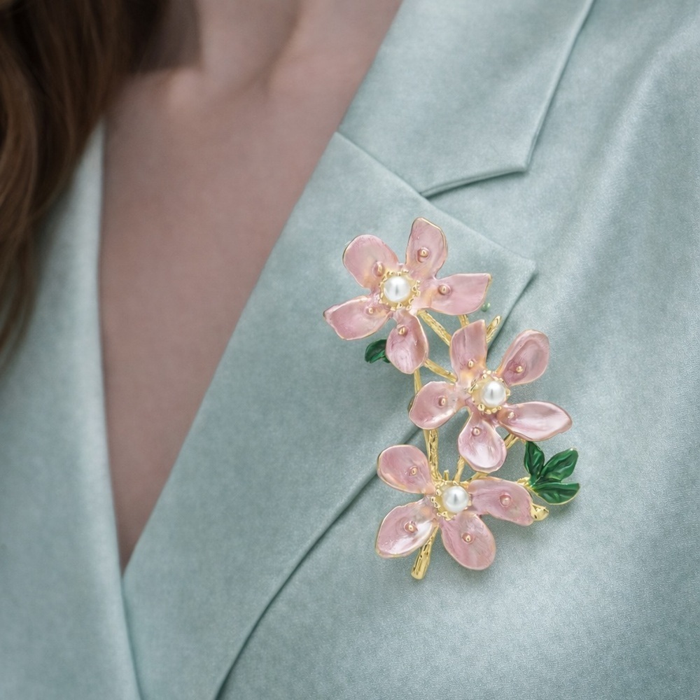 Sakura Pink Blossom Floral Gold Brooch
